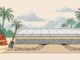 Cross-section of a Florida paver patio with layered base materials, tools, palms, and cloudy skies.