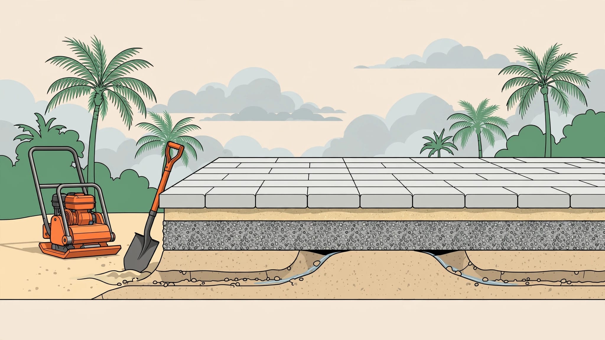 Florida Paver Patio Cross Section Cross-section of a Florida paver patio with layered base materials, tools, palms, and cloudy skies.