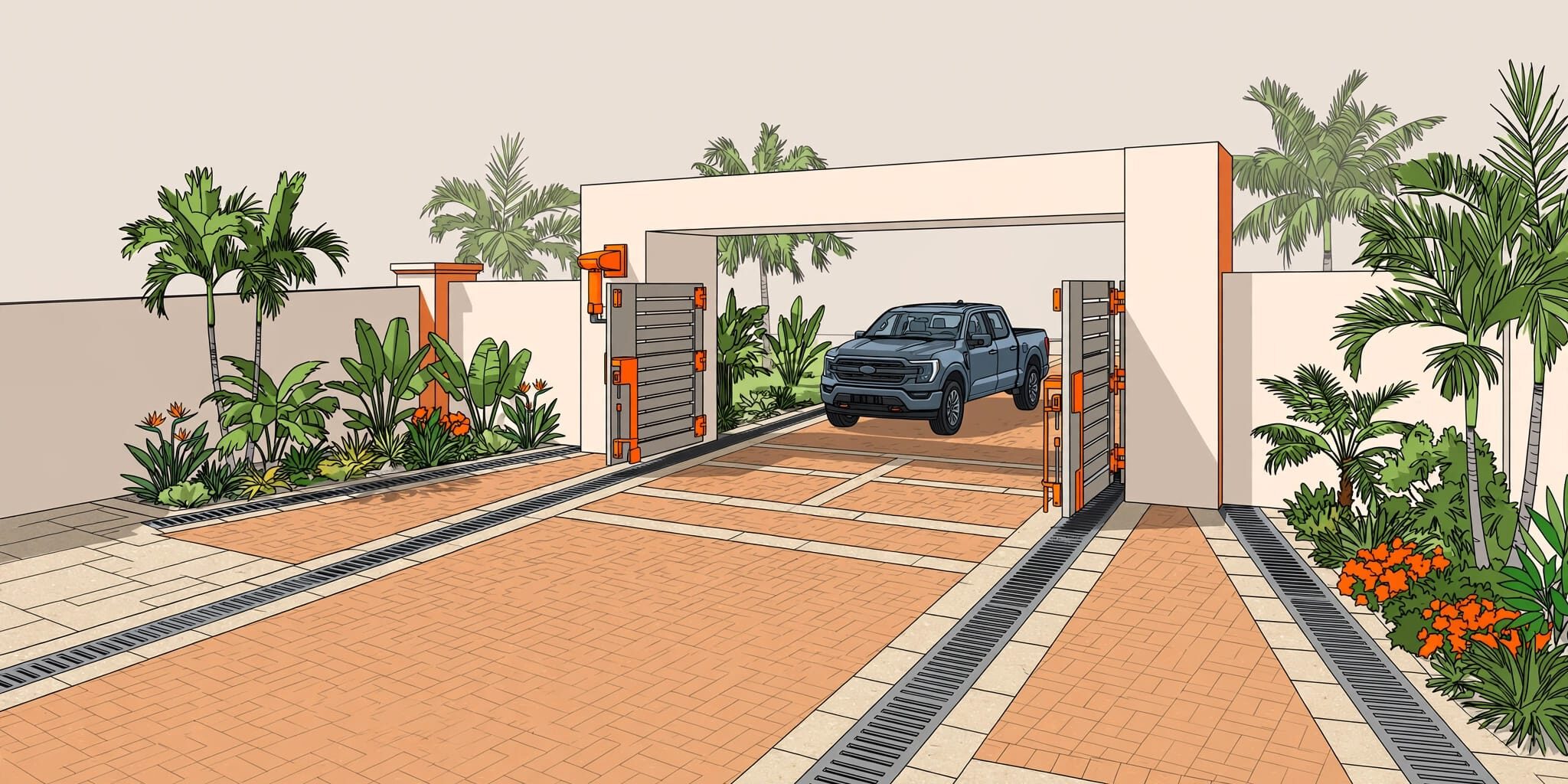 Pickup truck parked inside a paved gate entrance with palms and drainage channels.