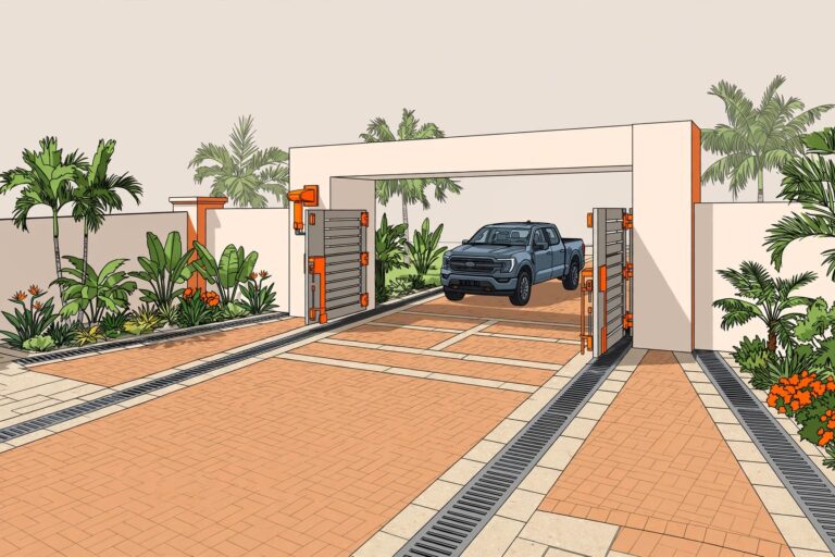 Pickup truck parked inside a paved gate entrance with palms and drainage channels.