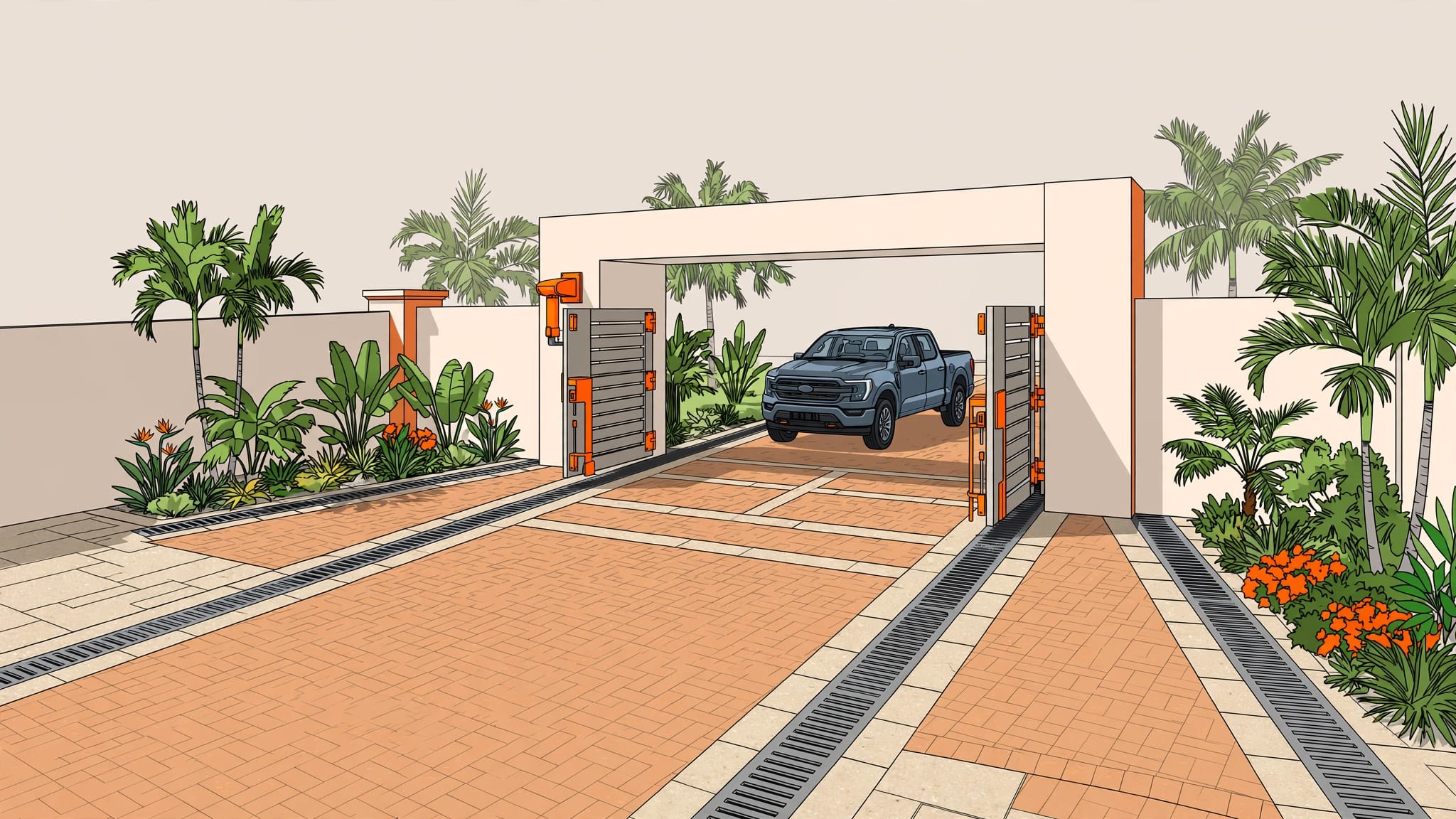 Southwest Florida Gate Entrance Pickup truck parked inside a paved gate entrance with palms and drainage channels.