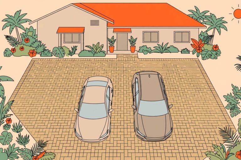 Florida Paver Driveway Two cars parked with space between them on a patterned driveway.