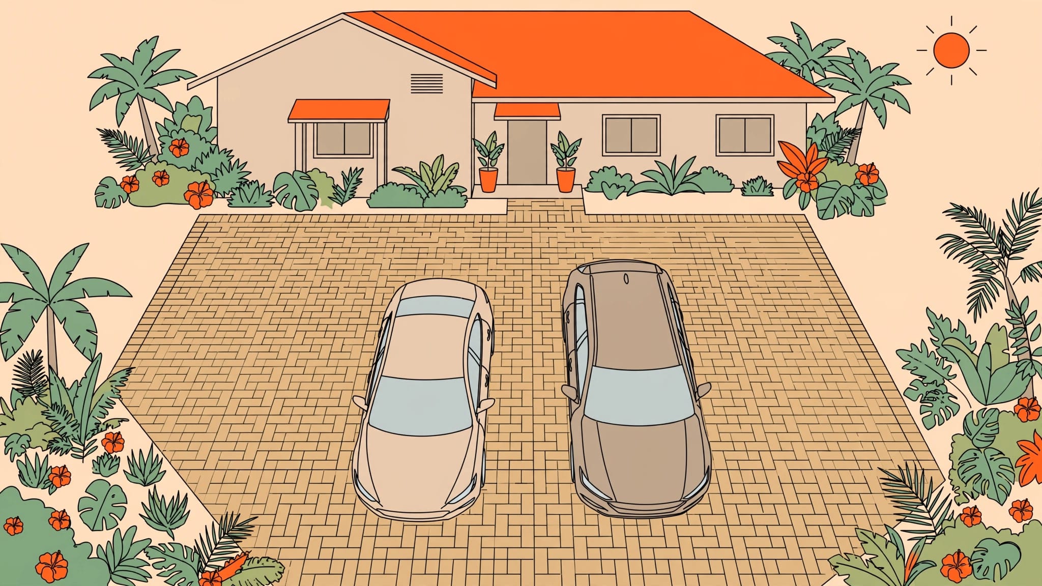 Florida Paver Driveway Two cars parked with space between them on a patterned driveway.