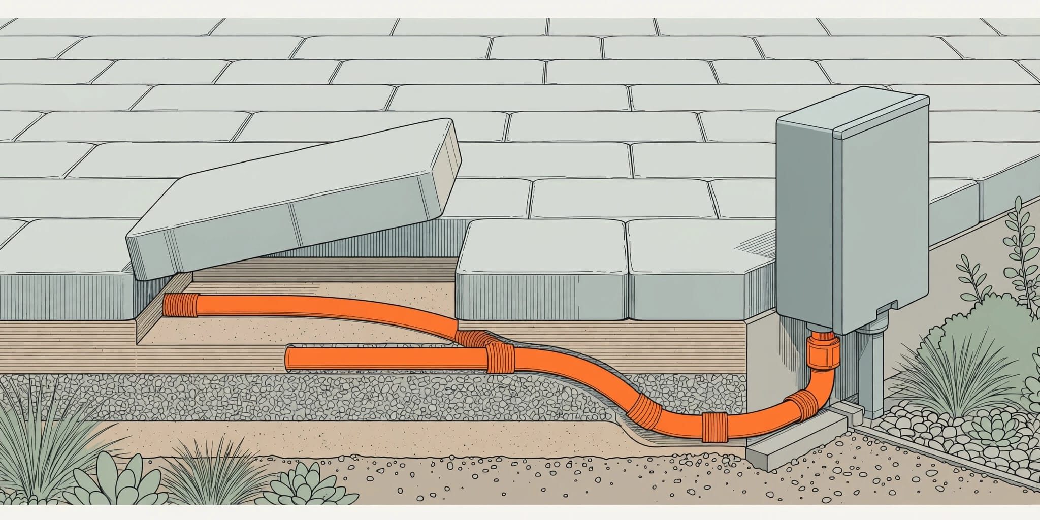 Paver Patio Electrical Access A lifted patio paver reveals an orange-marked conduit beside an accessible outdoor electrical box.