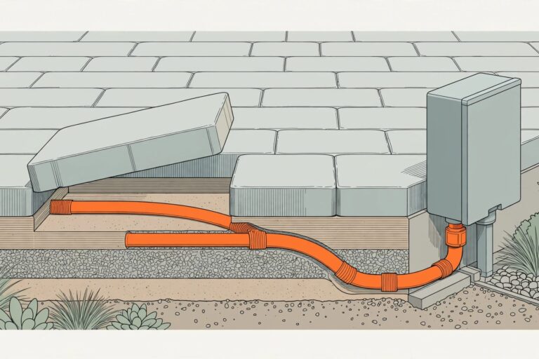 A lifted patio paver reveals an orange-marked conduit beside an accessible outdoor electrical box.