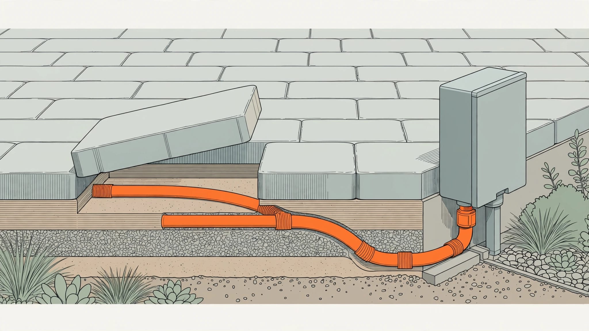 Paver Patio Electrical Access A lifted patio paver reveals an orange-marked conduit beside an accessible outdoor electrical box.