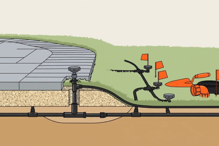 Paver Sprinkler Layout Gray pavers surround a lawn-level sprinkler with irrigation tubing visible below.