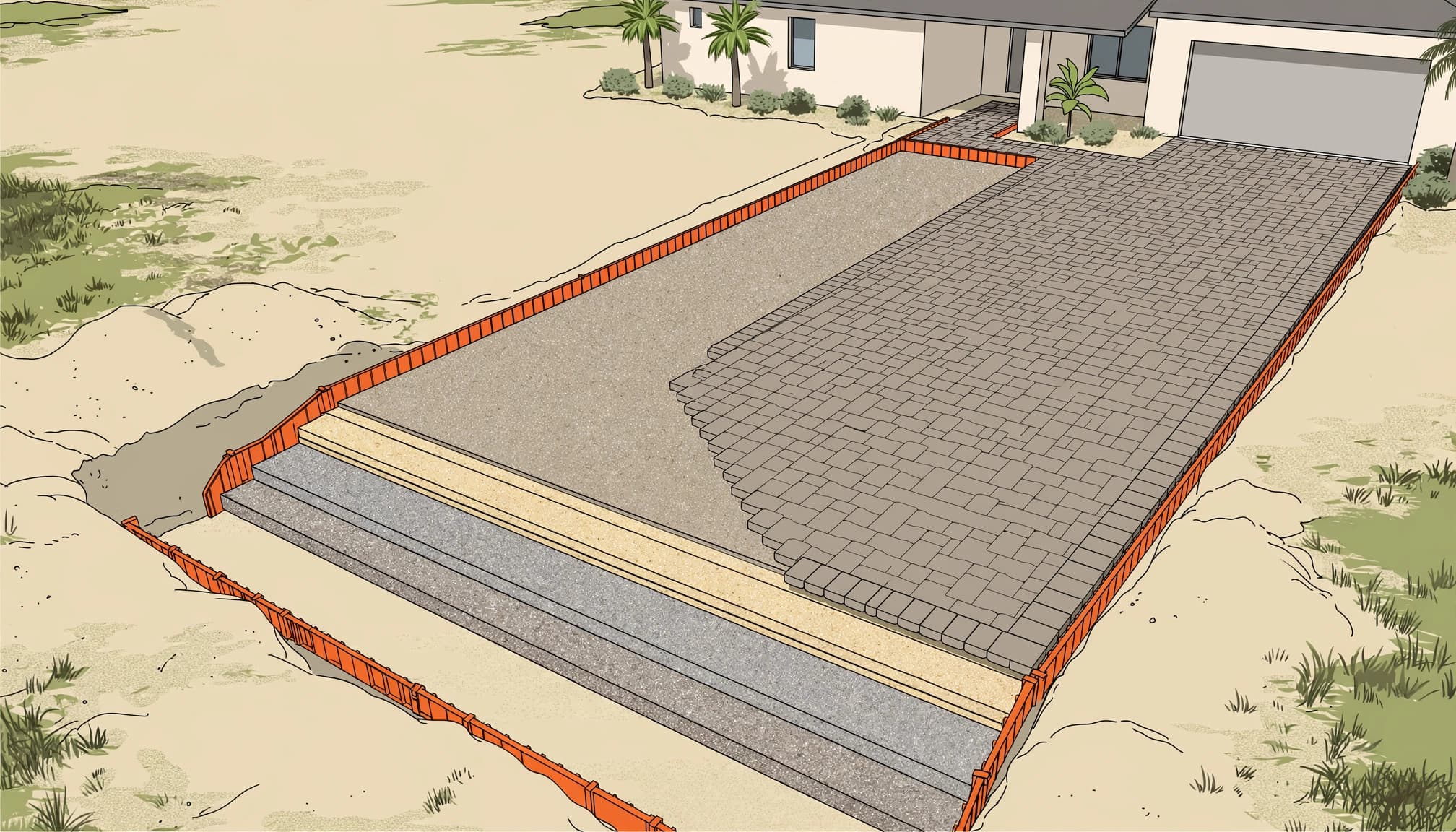 Paver base depth Florida driveway installation with compacted aggregate layers and finished interlocking pavers.