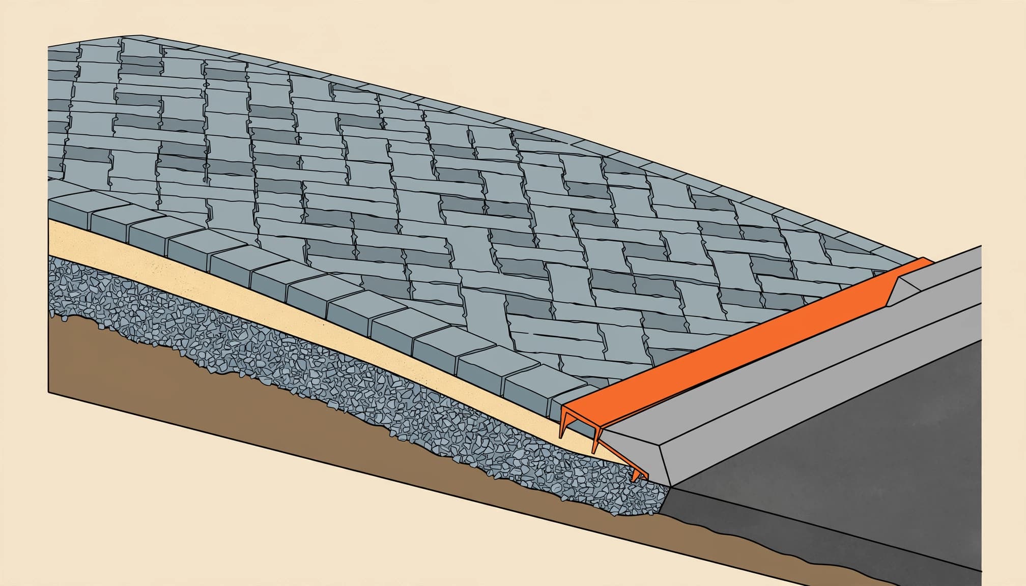 Cutaway view of layered pavers, sand, aggregate, and edge restraint at a residential street.