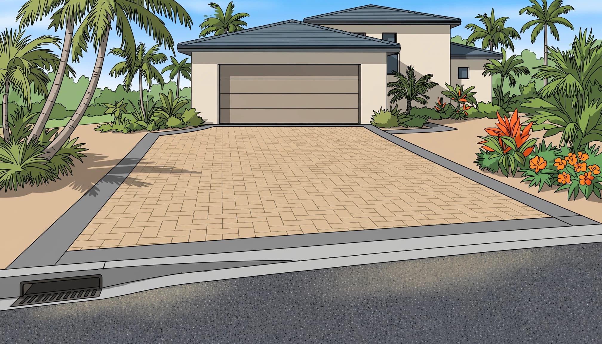 Driveway apron connecting a Florida street to a home garage.