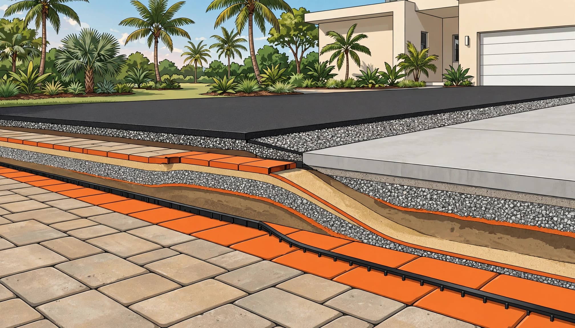 Paver driveway transitions between a concrete garage apron and an asphalt street in Florida.