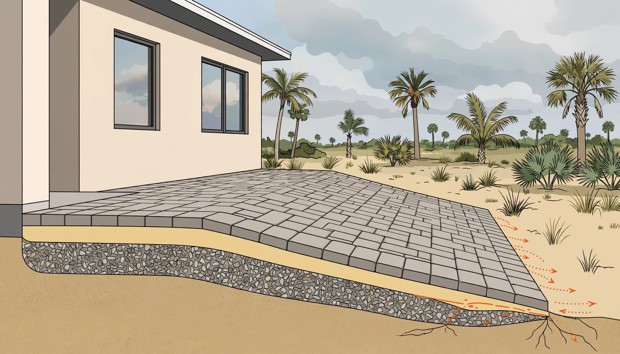 Paver base depth Florida cutaway patio showing pavers, sand, limestone, sandy soil, and drainage slope.