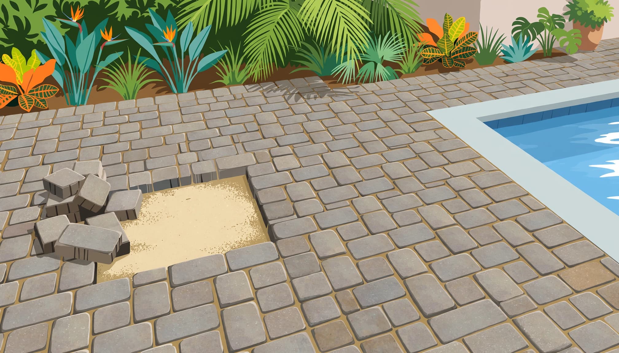 Pool patio with intact pavers beside a lifted repair section and tropical plants.