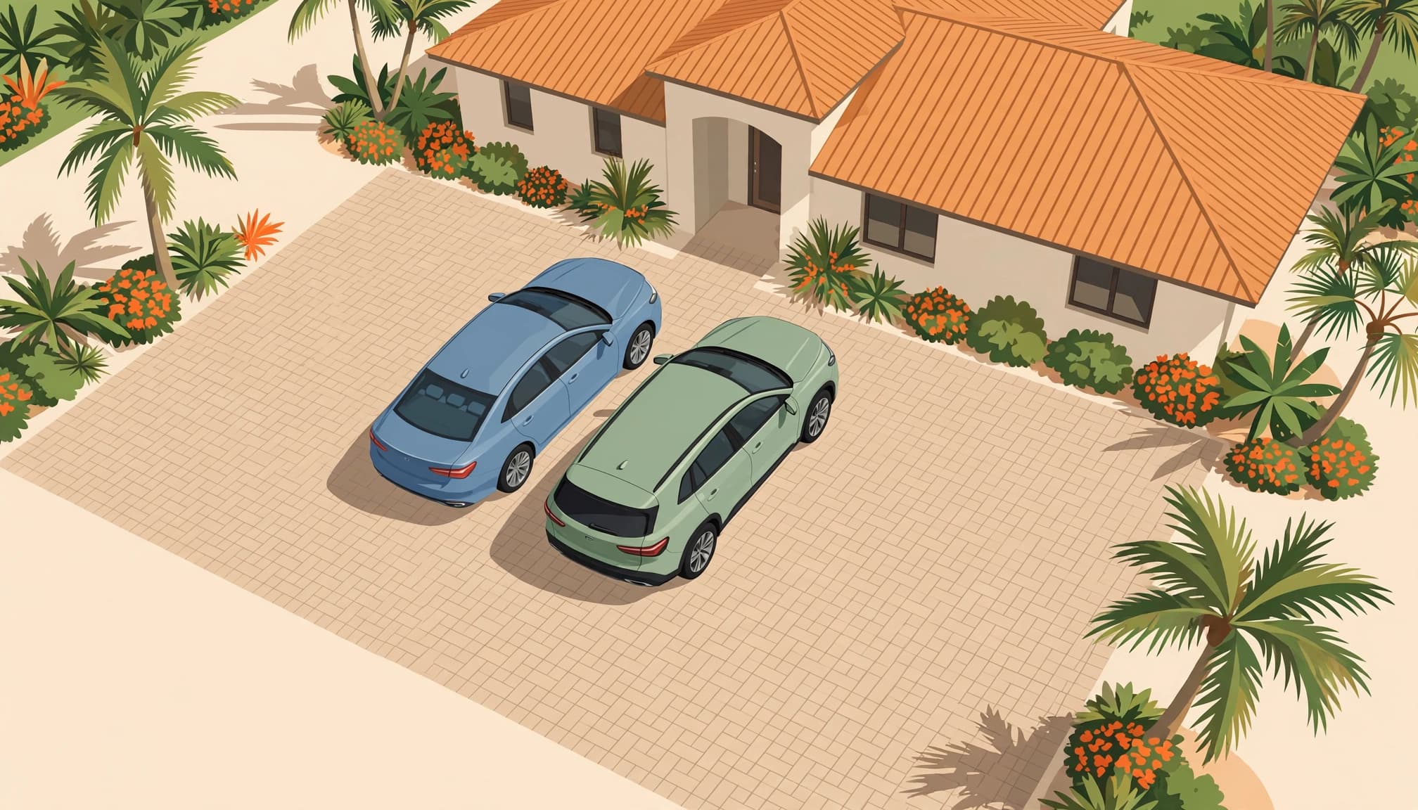 Paver driveway width for two cars parked side by side at a Florida home.