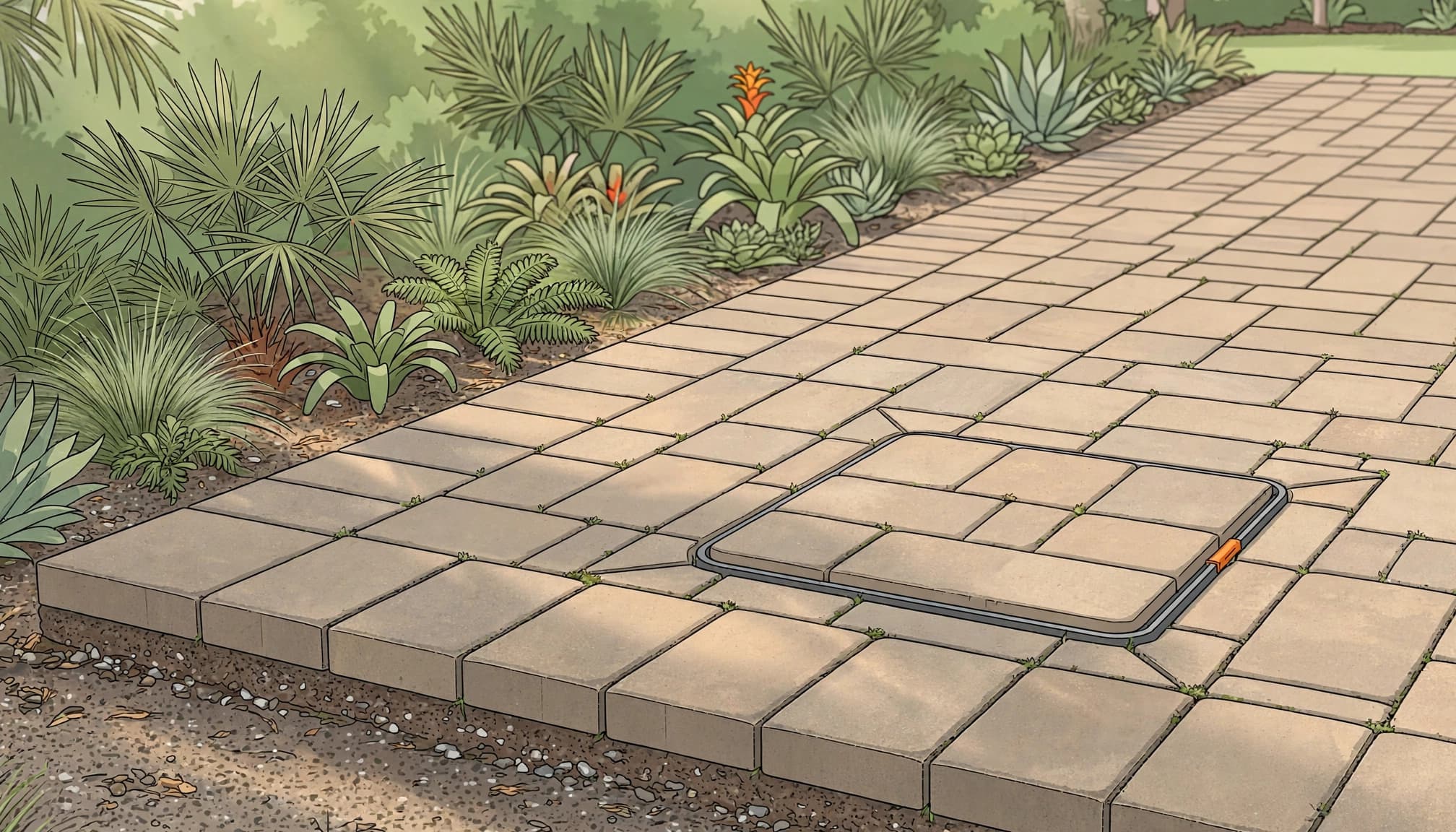 A view of pavers around electrical boxes, with one closed in-ground power cover set into a patio.