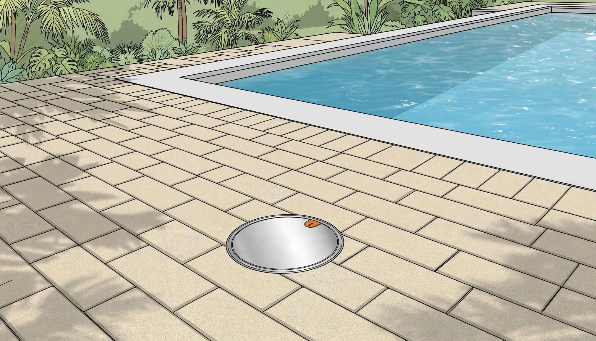 Finished pool deck with fitted pavers around a flush stainless steel skimmer lid.