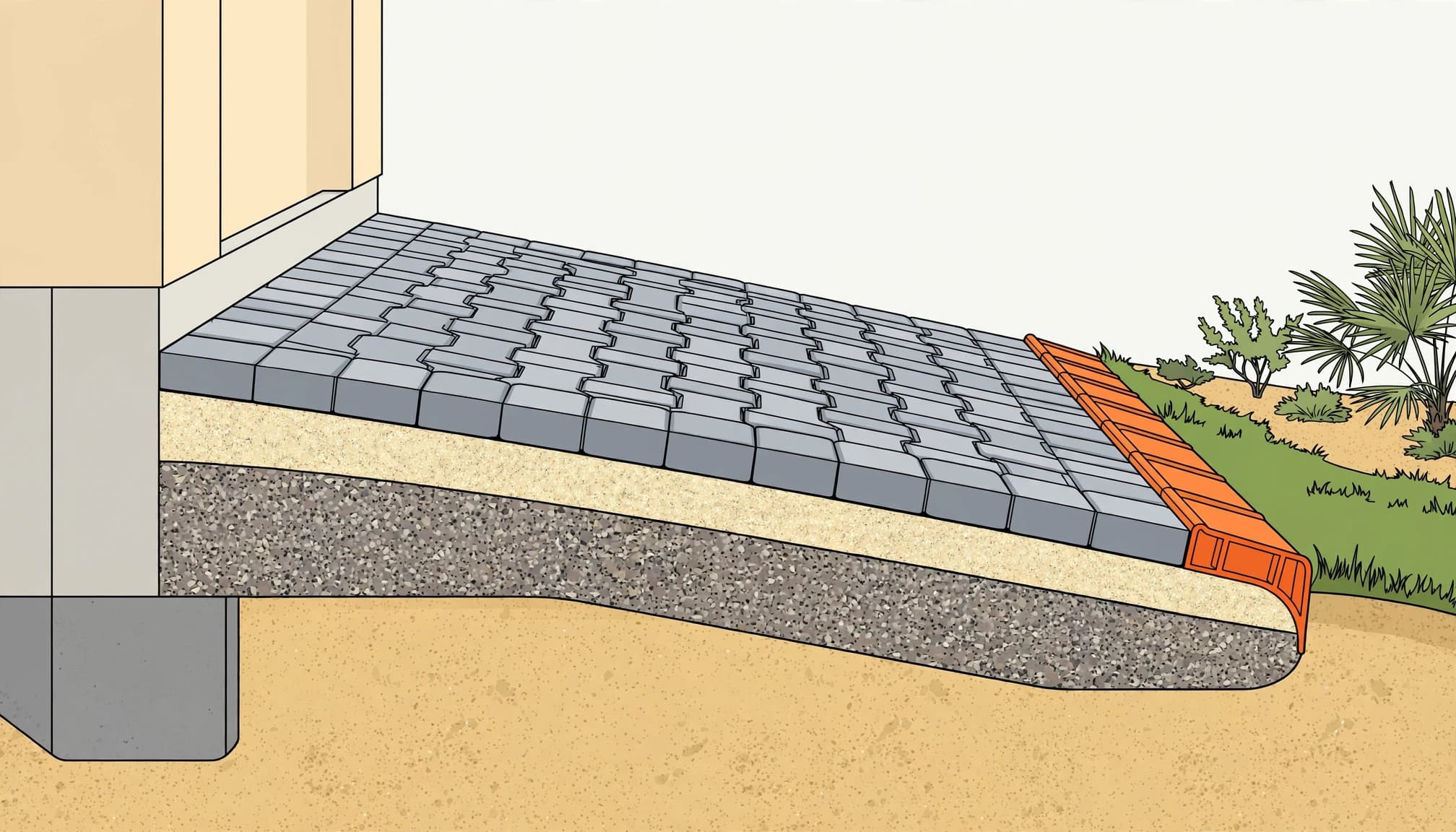 A cutaway curved paver driveway shows pavers over sand and compacted base beside a sloped lawn.