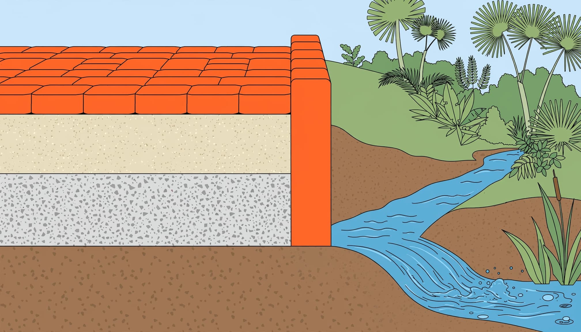 Layered foundation supporting paver driveway width and vehicle loads, with drainage beside the lawn.