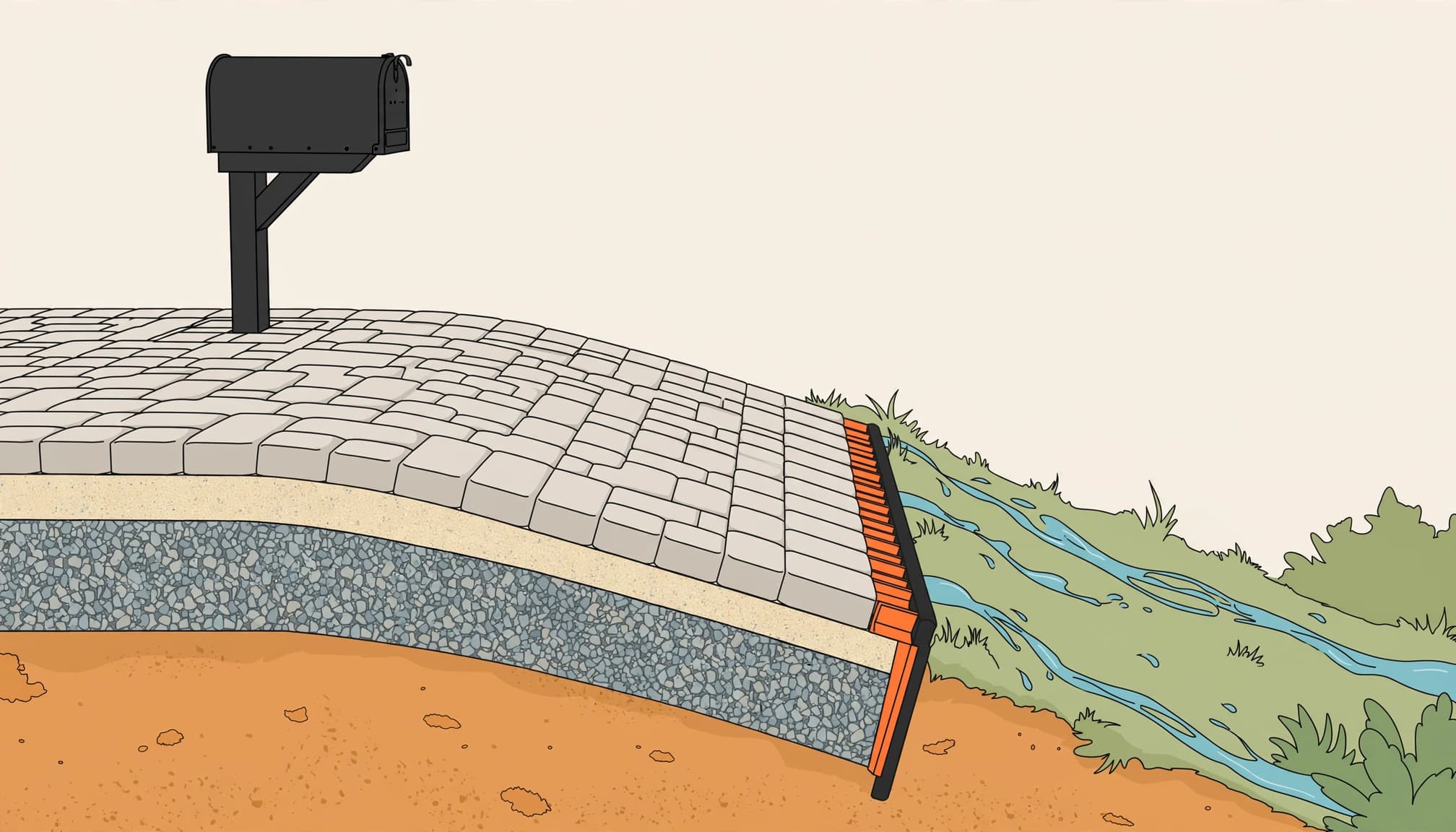 A cutaway of pavers around mailbox edging over stone and sand, with ground sloped for drainage.