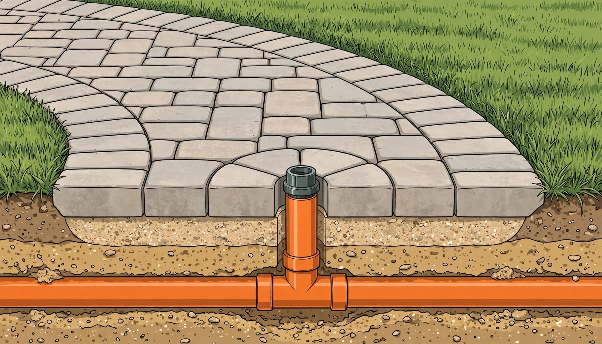 Cutaway view of a sprinkler head and pipe beside curved patio pavers.