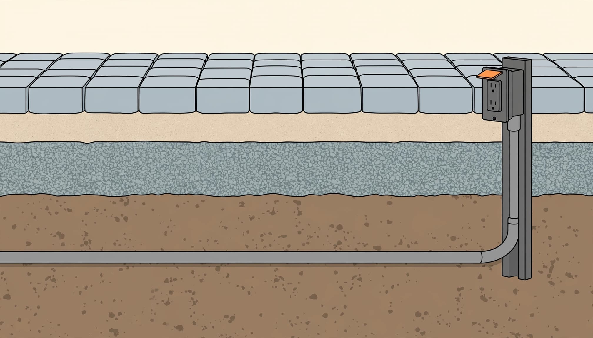A cutaway of pavers around electrical boxes shows conduit below the walkway base, leading to one outlet post.