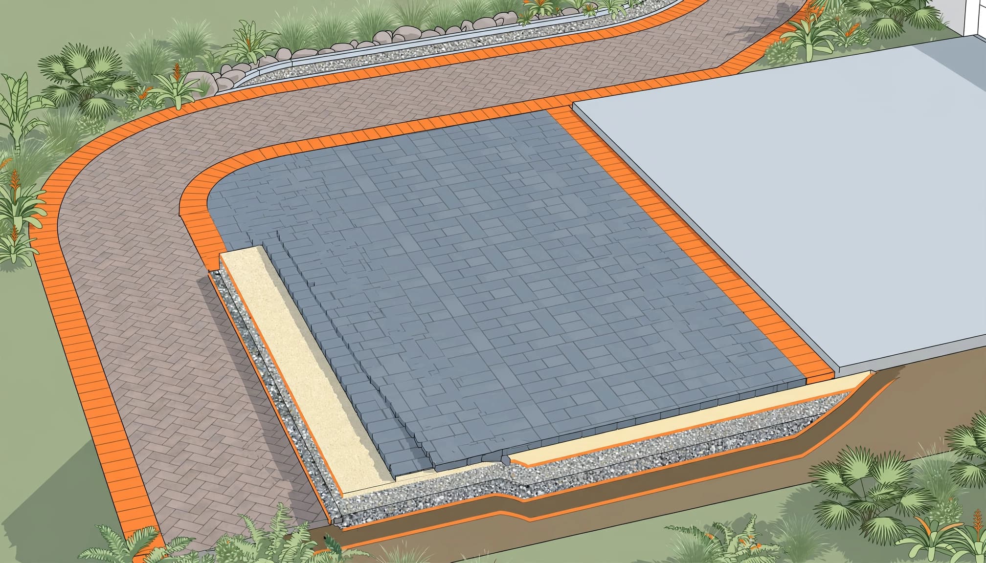 Paver driveway transitions where a pedestrian walkway widens beside a concrete garage.
