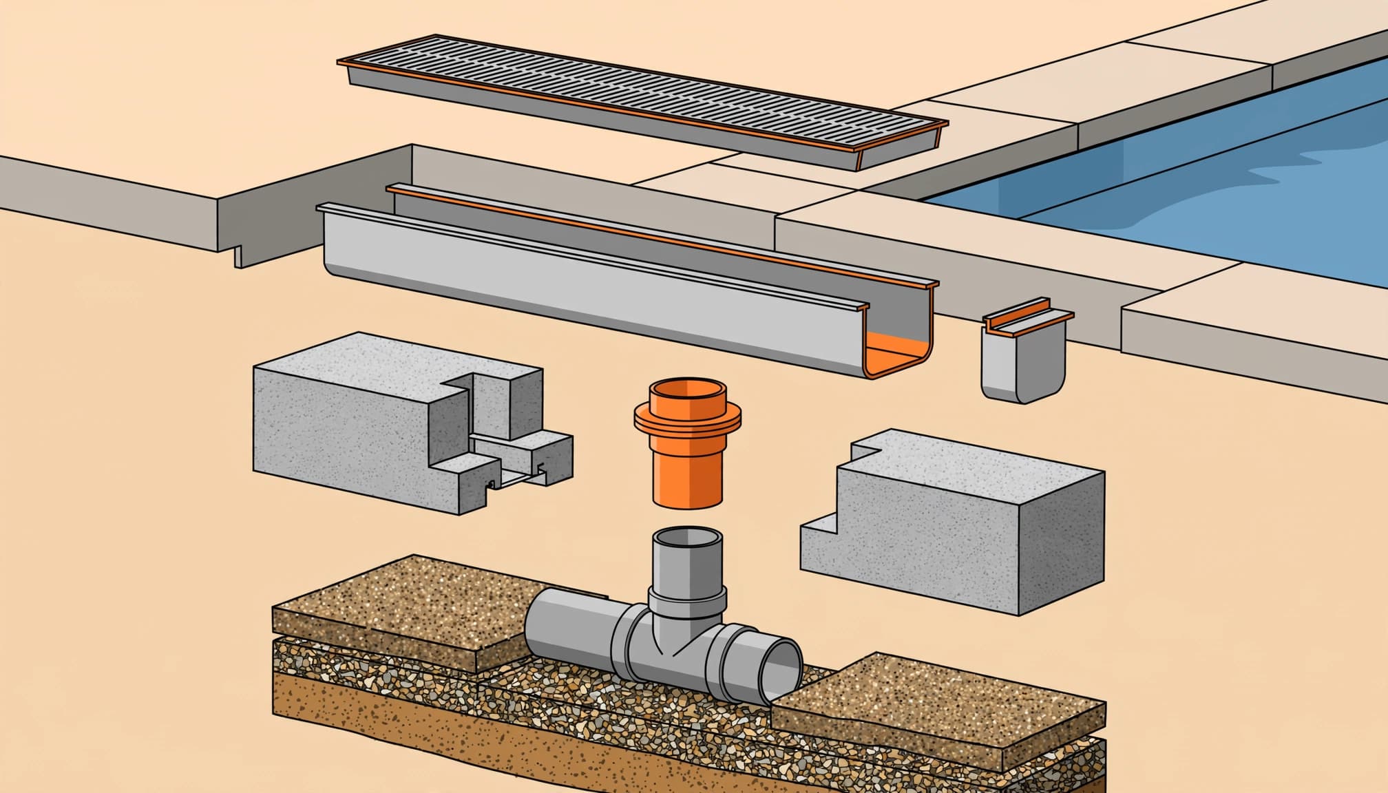 Exploded pool deck drain showing separated parts and an underground PVC pipe connection.