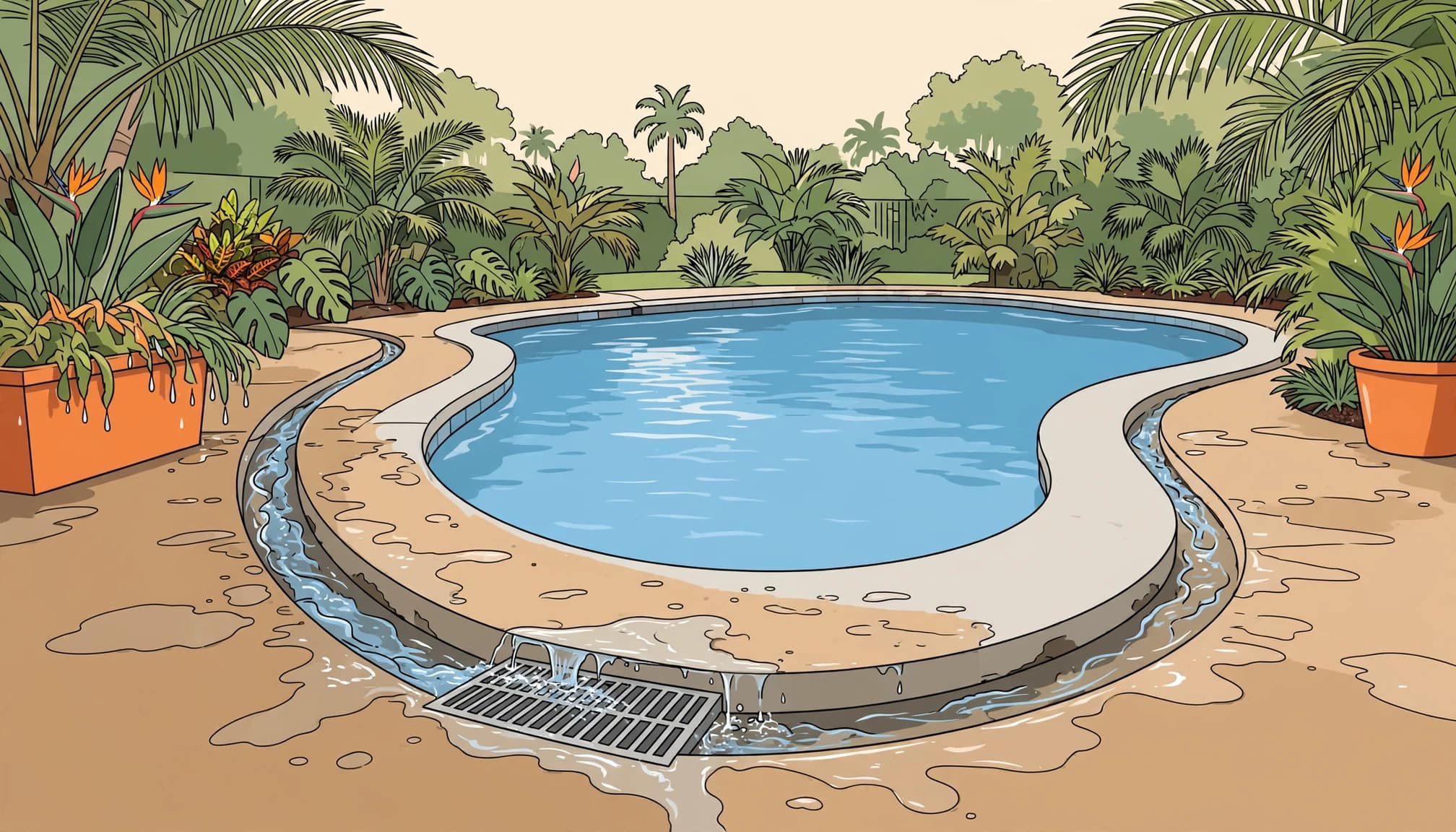 A drainage grate follows the edge of a bright backyard swimming pool.