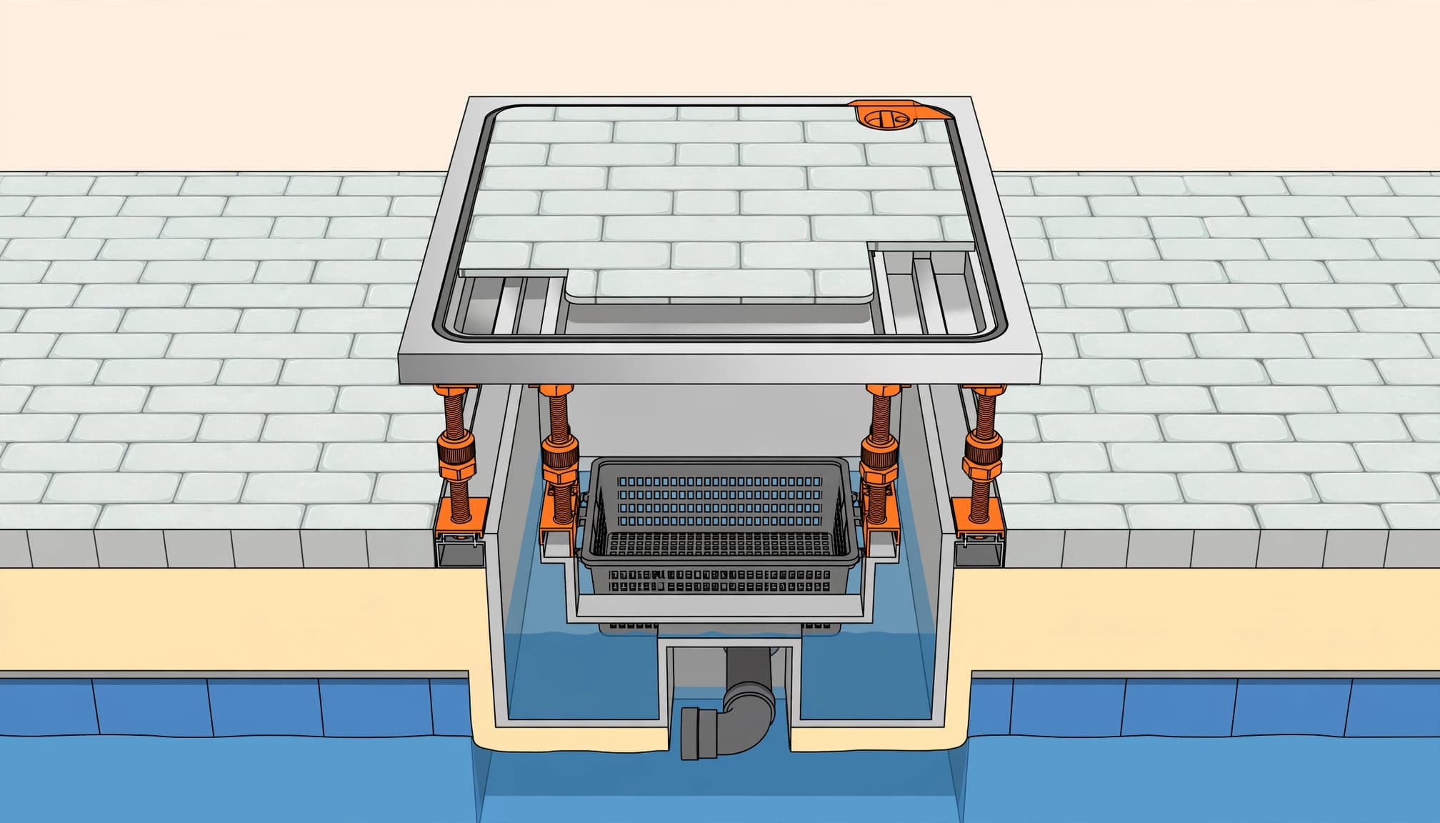 Cutaway pool skimmer access tray with fitted pavers and orange adjustment supports.