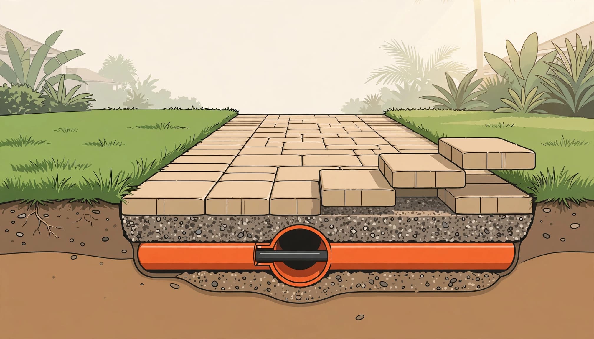 A sleeved irrigation line runs beneath a lifted paver walkway beside a lawn.