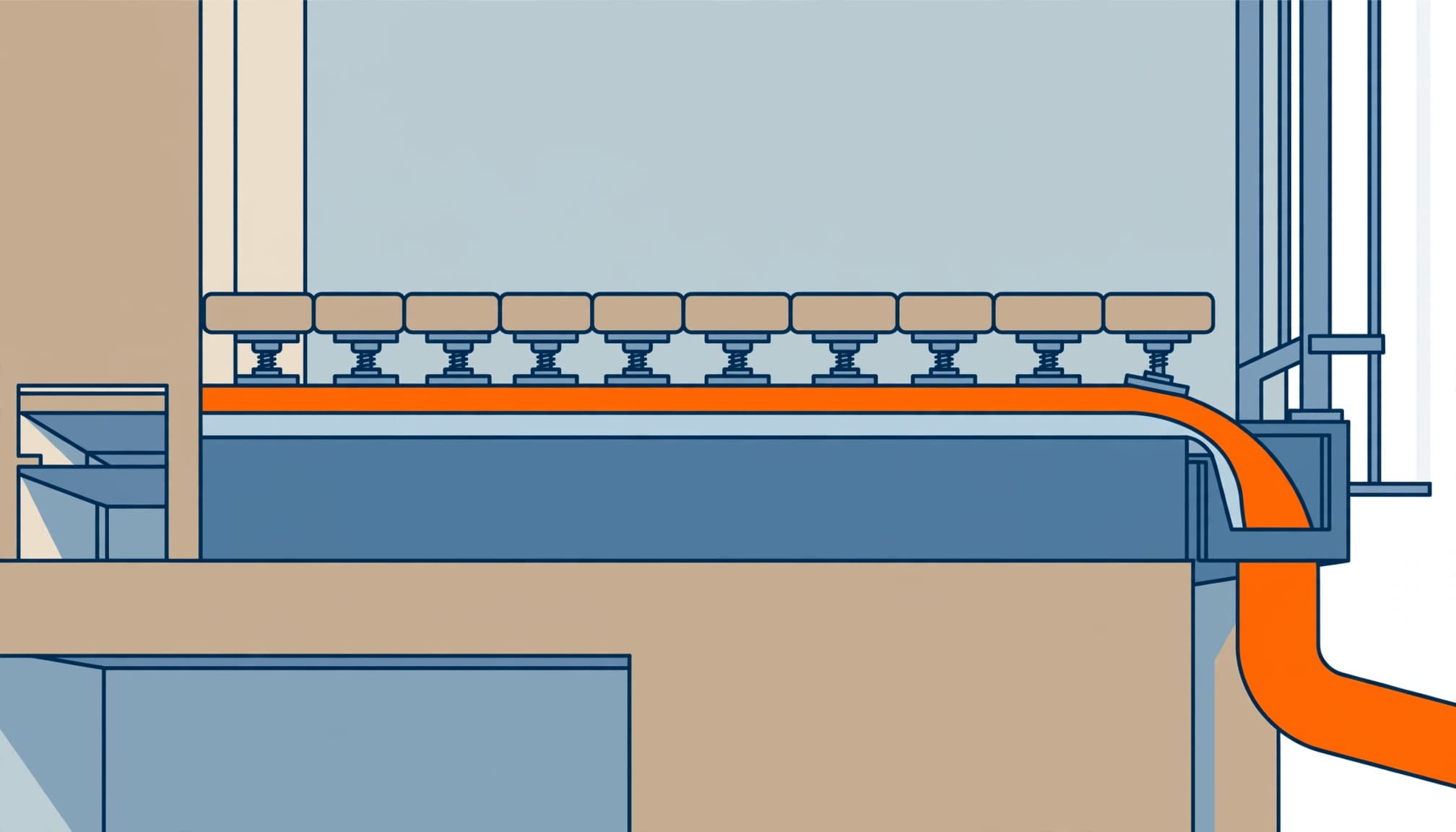 Illustrated structural layers beneath balcony pavers, including the slab, waterproofing, and drainage.