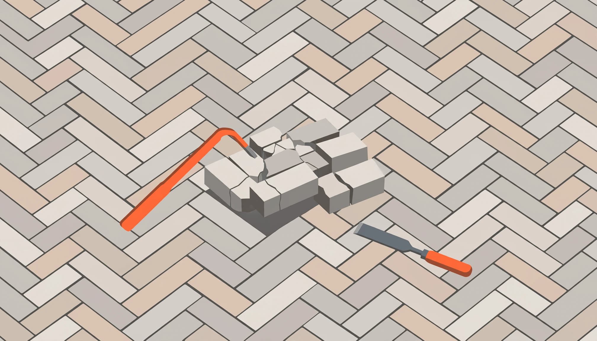 Illustrated method to replace broken paver pieces without shifting the surrounding patio pattern