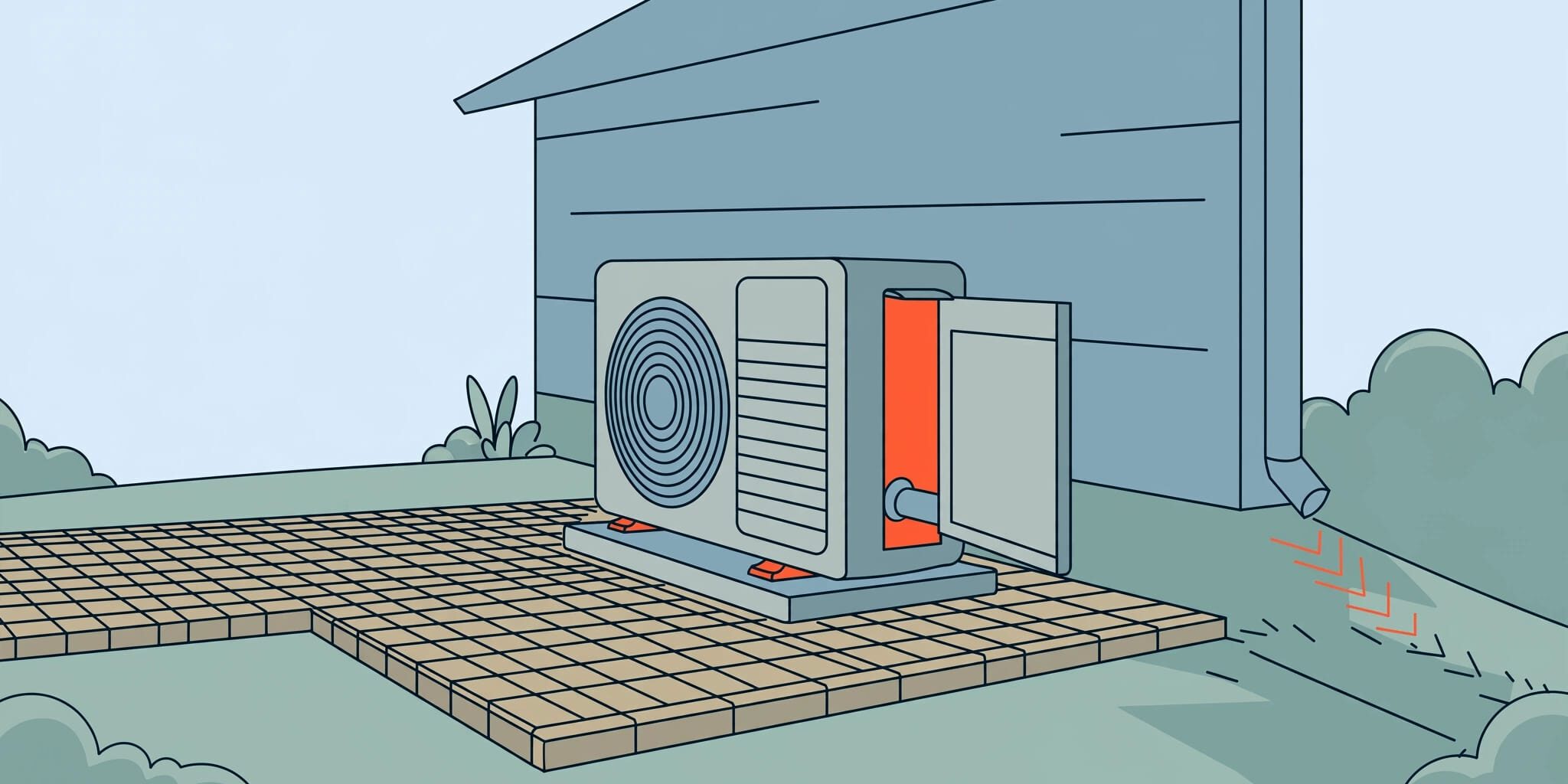 Paver-Framed AC Condenser An outdoor AC condenser rests on pavers beside a clear service path.