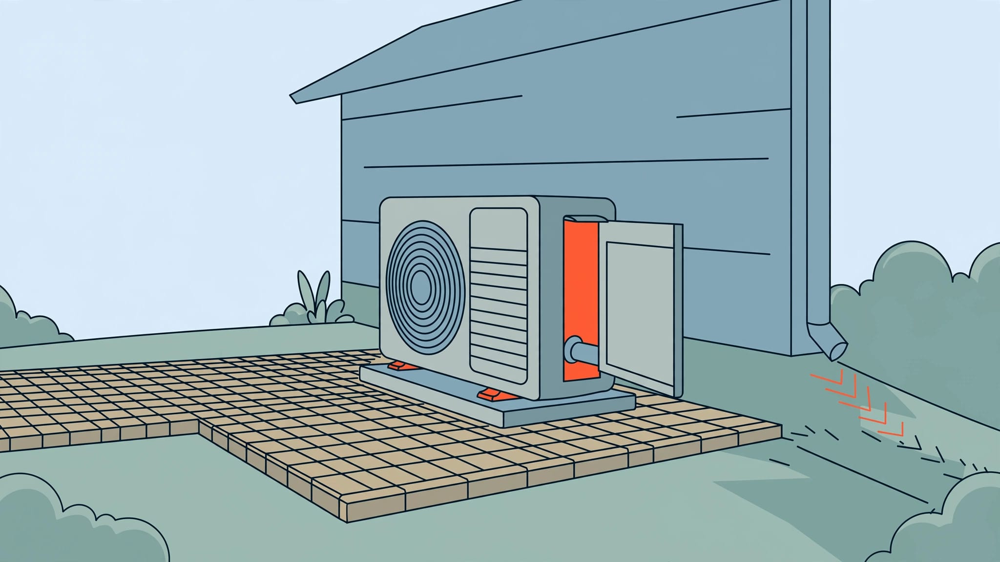 An outdoor AC condenser rests on pavers beside a clear service path.