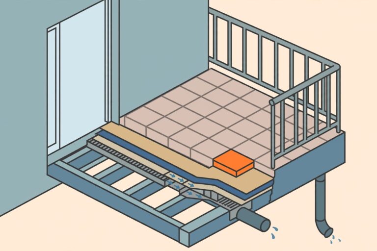 A balcony with pavers and an orange accent, shown above its drainage and support layers.
