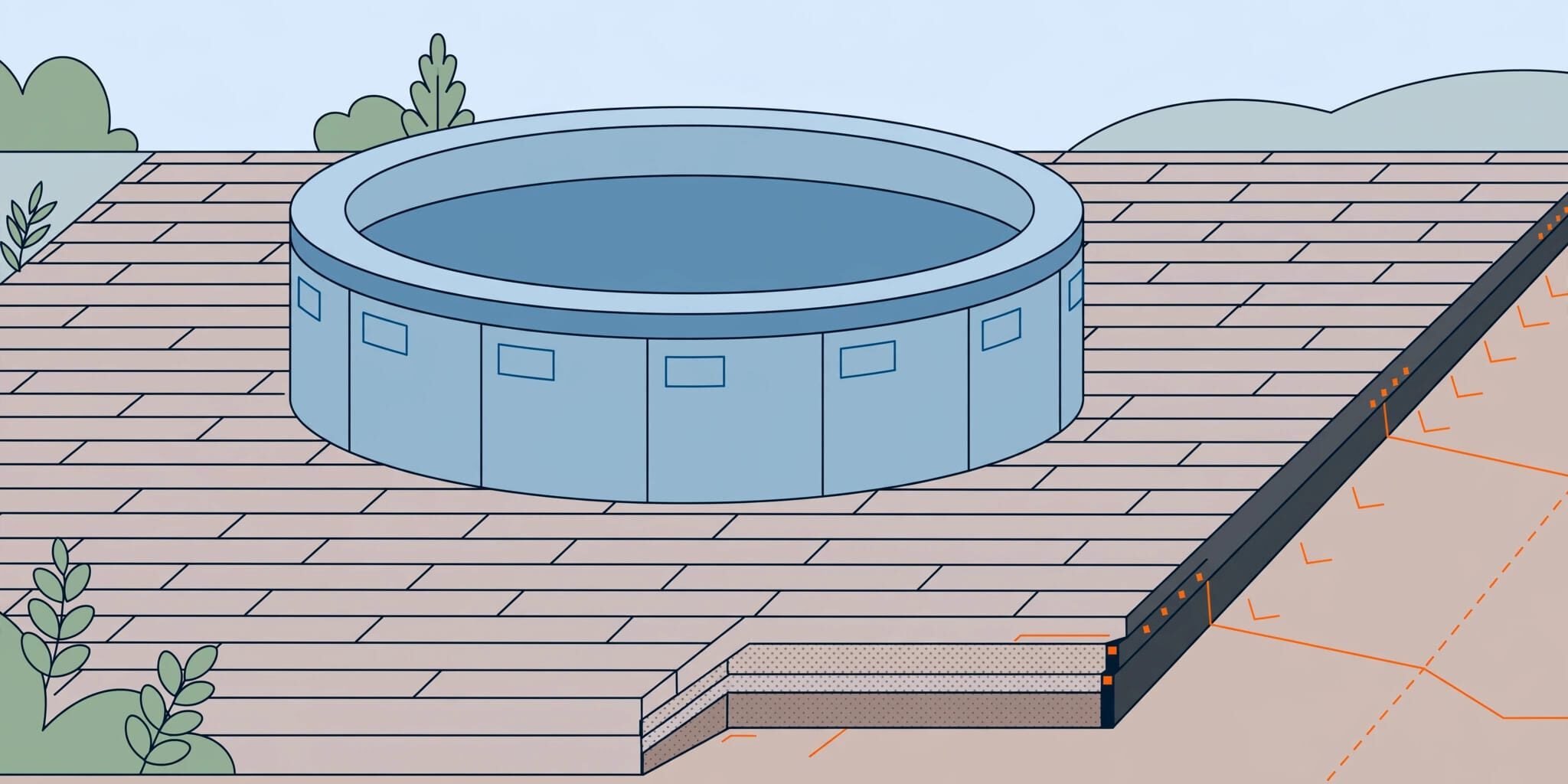 Hot Tub Paver Patio A round hot tub rests on pavers above a compacted base, with the patio sloping away.