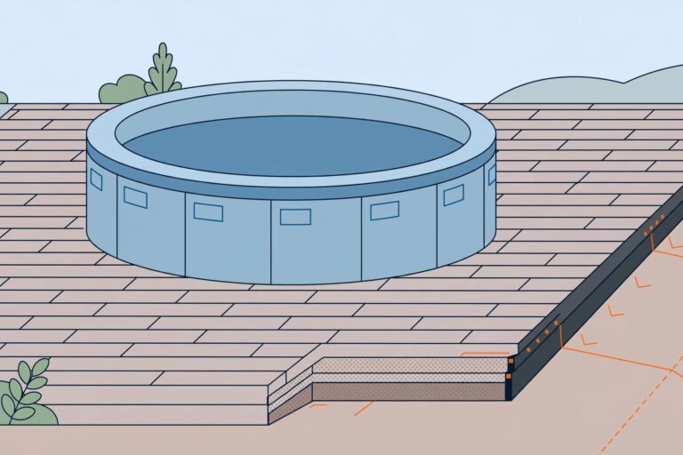 A round hot tub rests on pavers above a compacted base, with the patio sloping away.