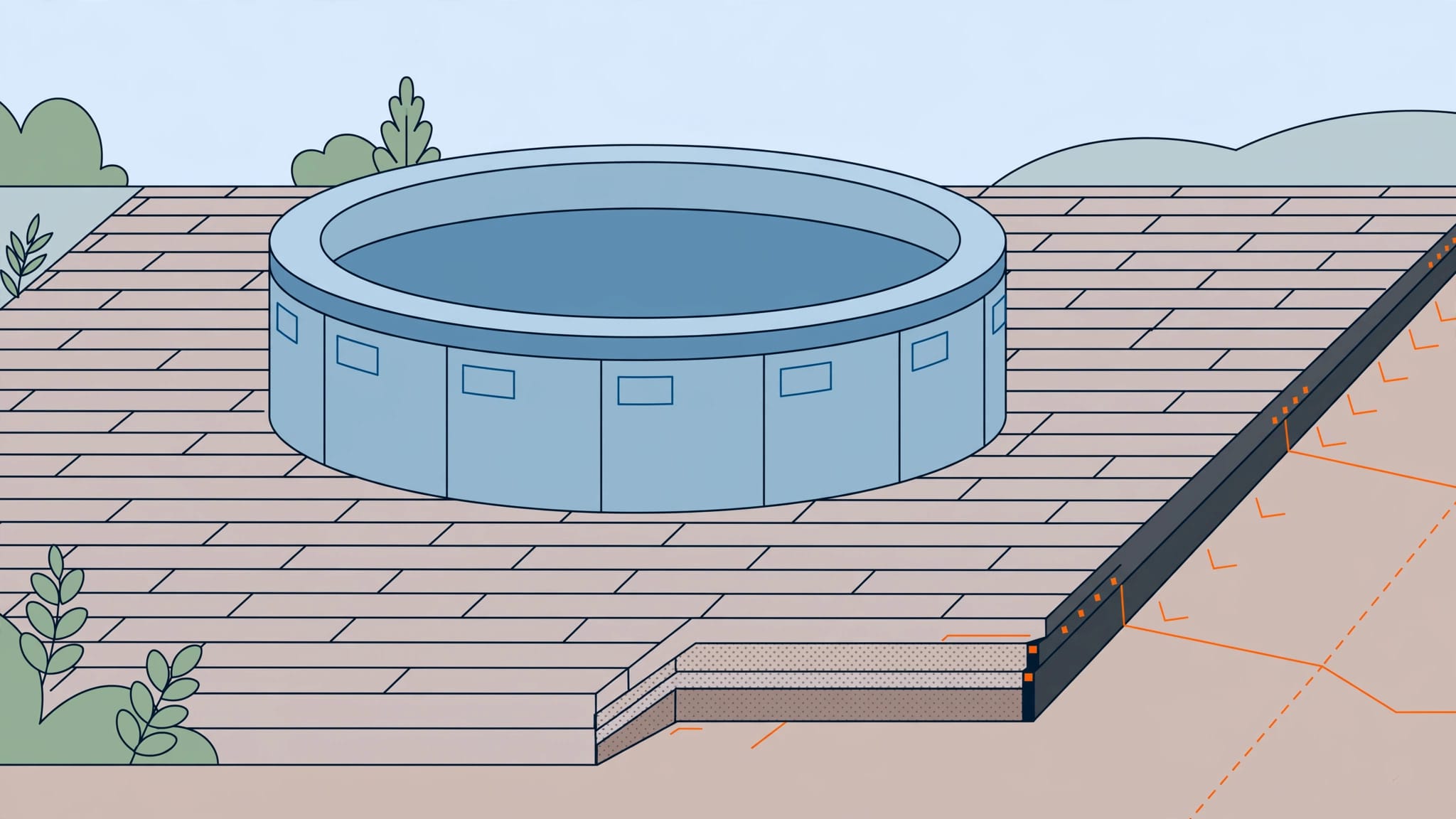 Hot Tub Paver Patio A round hot tub rests on pavers above a compacted base, with the patio sloping away.