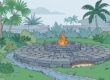A circular paver patio fire pit surrounded by palms, with rainwater draining away.