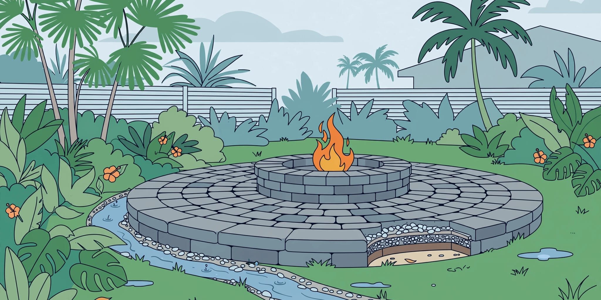 A circular paver patio fire pit surrounded by palms, with rainwater draining away.