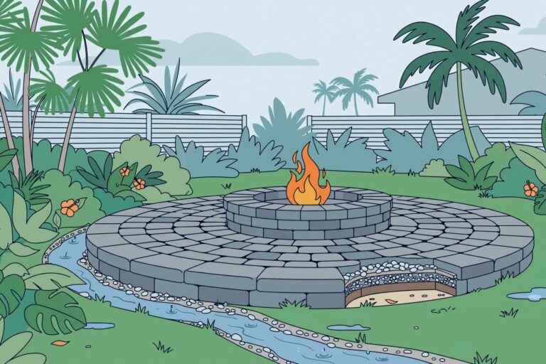 Florida Paver Fire Pit A circular paver patio fire pit surrounded by palms, with rainwater draining away.