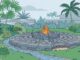 A circular paver patio fire pit surrounded by palms, with rainwater draining away.