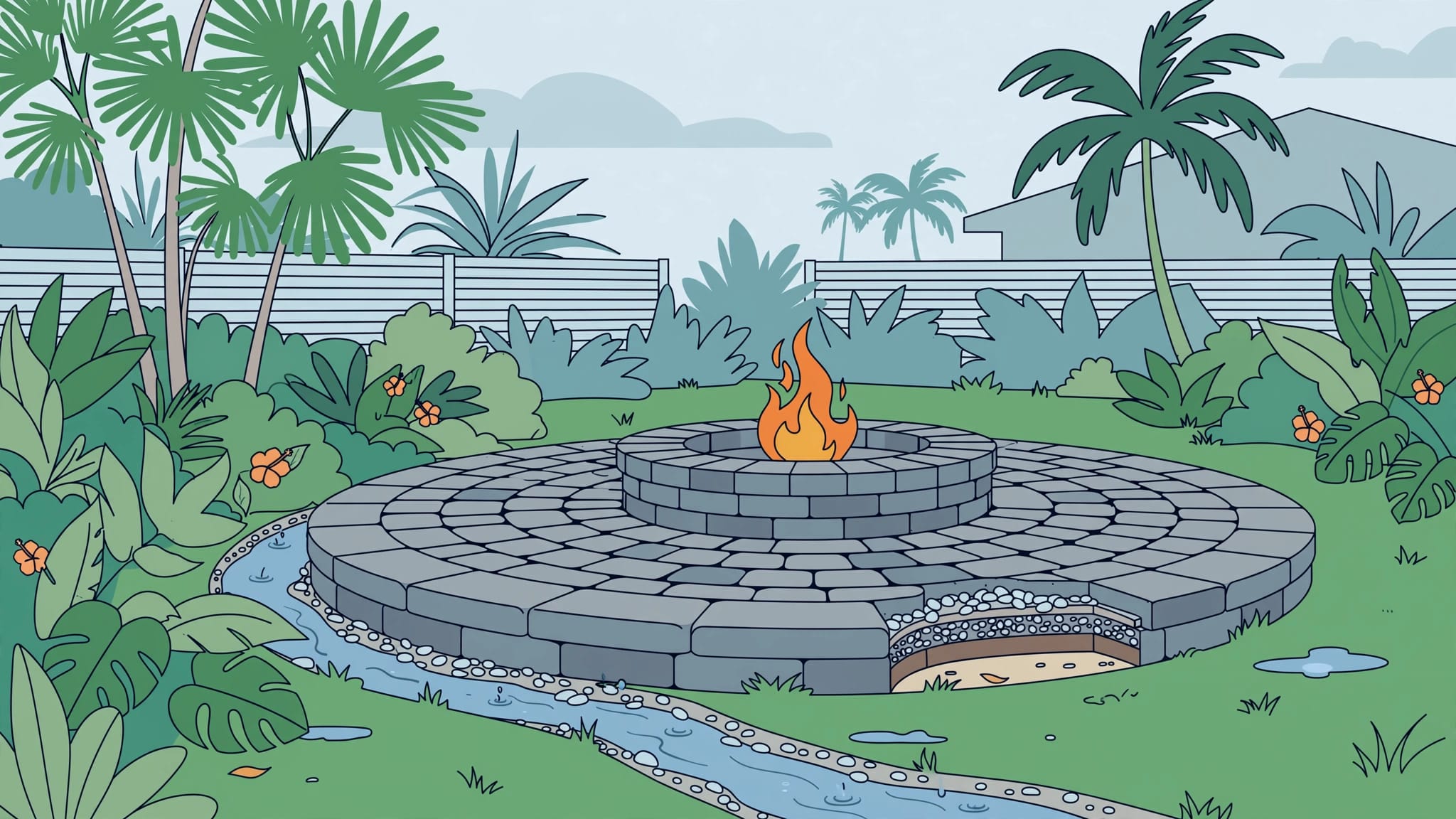 A circular paver patio fire pit surrounded by palms, with rainwater draining away.