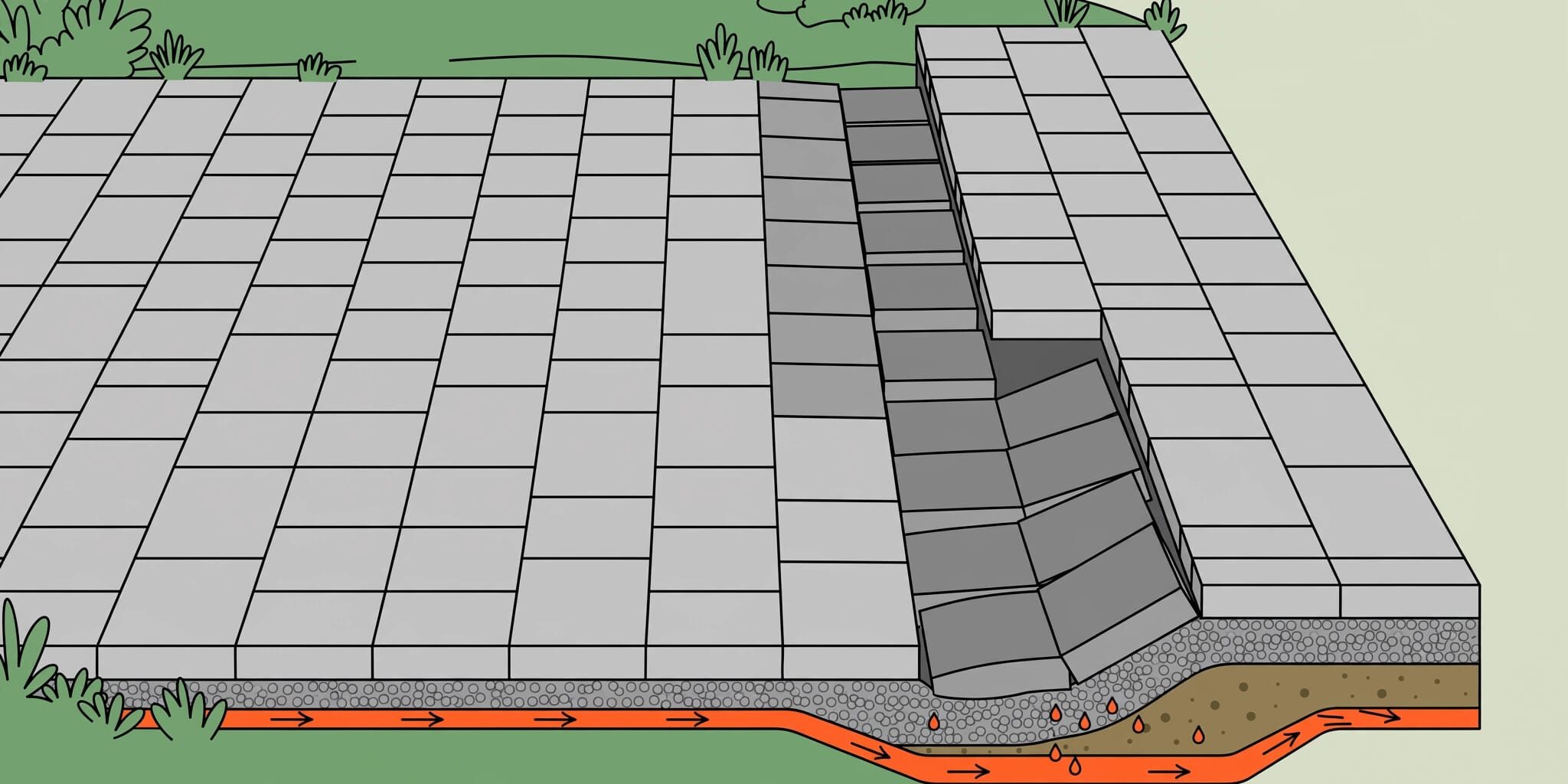 Pavers sink beneath a tire path, with the gravel base and soil visible at the driveway edge.