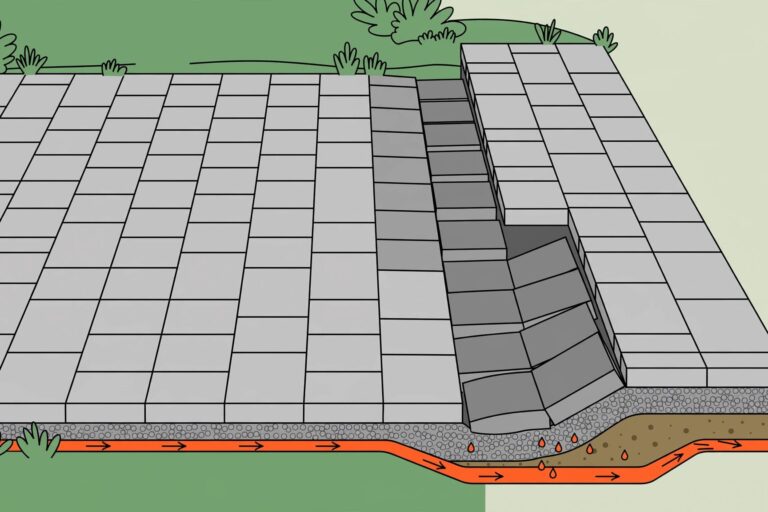 Pavers sink beneath a tire path, with the gravel base and soil visible at the driveway edge.