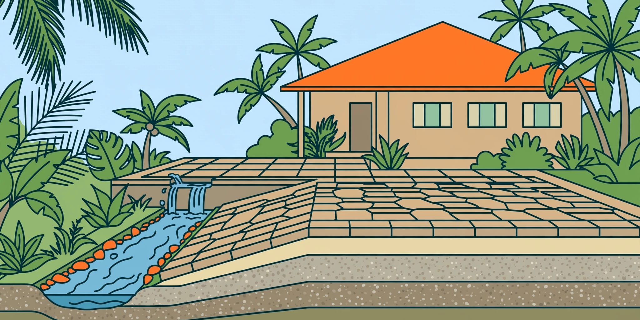 Pavers sit over compacted layers as a drainage channel carries rain away from a Florida home.