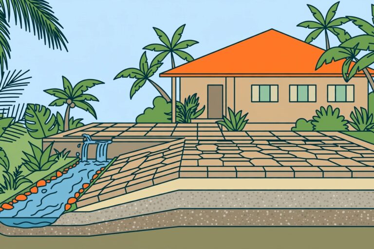Pavers sit over compacted layers as a drainage channel carries rain away from a Florida home.