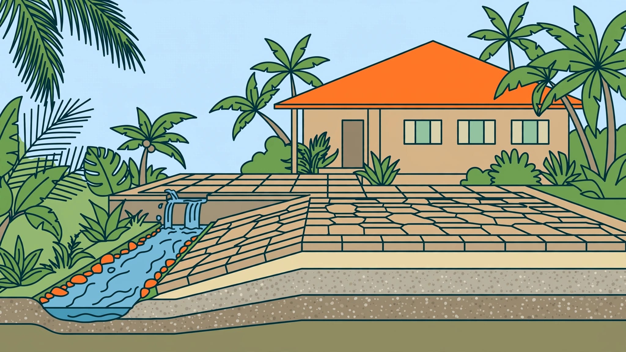 Pavers sit over compacted layers as a drainage channel carries rain away from a Florida home.