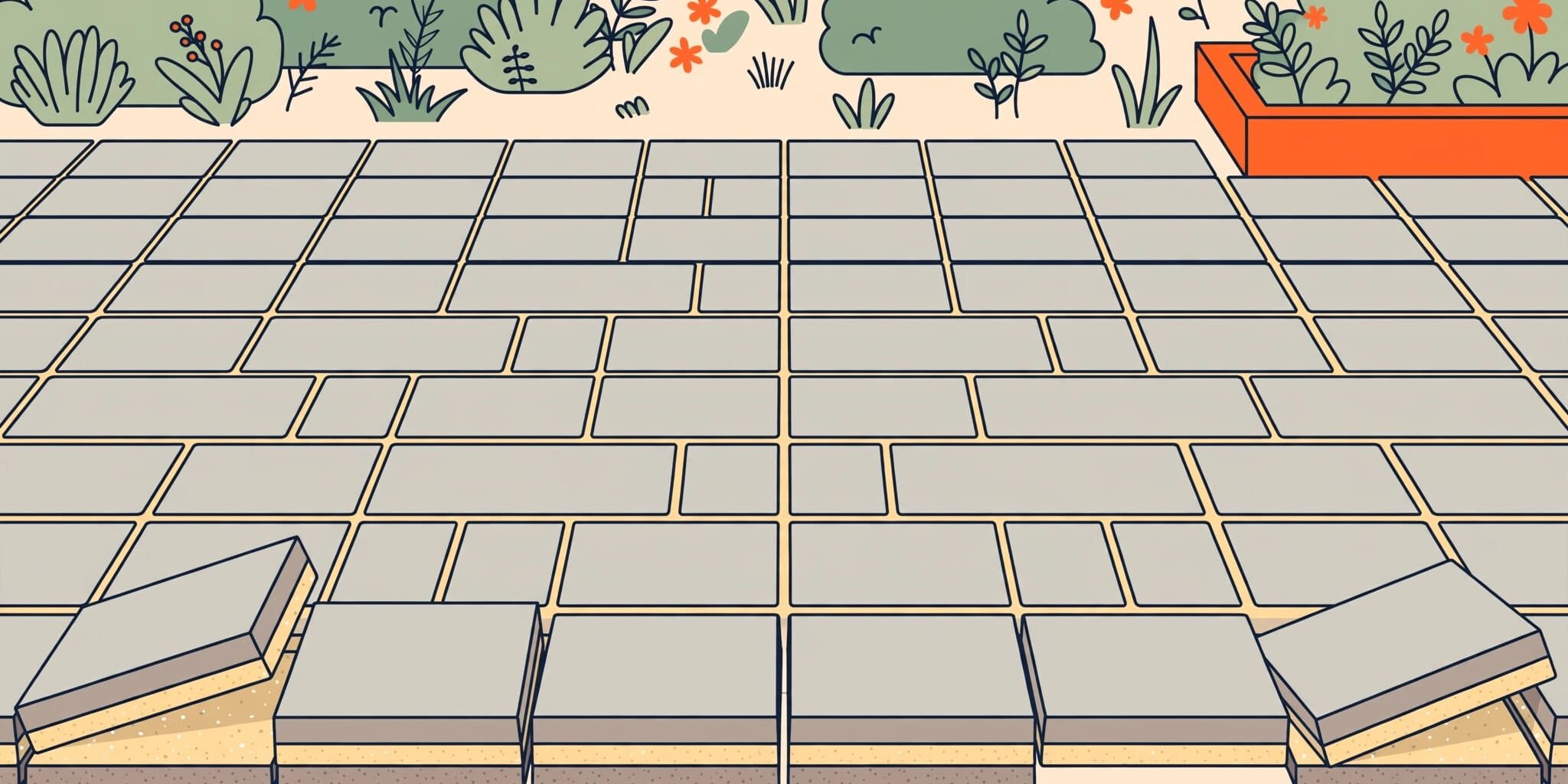 Lifted patio pavers reveal narrow sand-filled joints and a compacted base.