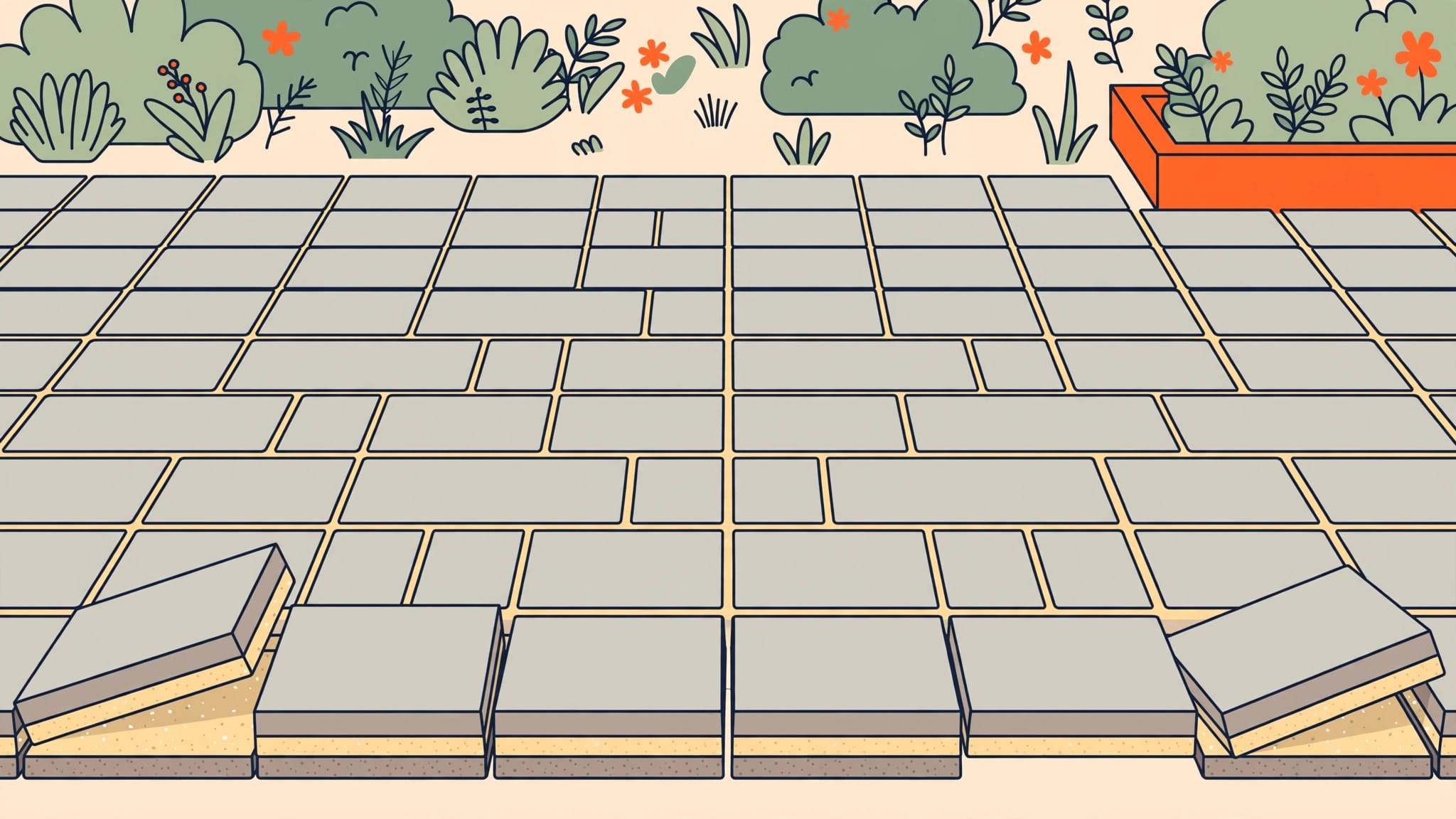 Lifted patio pavers reveal narrow sand-filled joints and a compacted base.